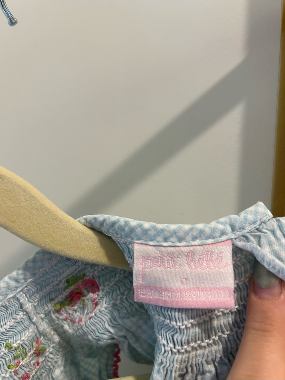 Petit Bebe Smocked Bishop Dress - Light Blue & White Gingham with Strawberries - Picture 4 of 9